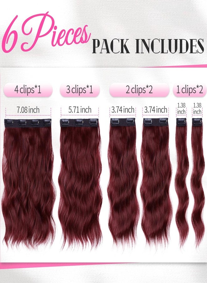 KooKaStyle Short Hair Extensions 6PCS 14 Inch Wavy Curly Hairpieces Synthetic Soft Lace Weft Clip in Hair Extensions-Burgundy for Women - Image 3